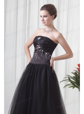 Black A-line Strapless Tulle Beading Floor-length Prom Dress