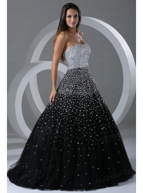 Black Ball Gown Strapless Prom Dress with Beading and Sequins