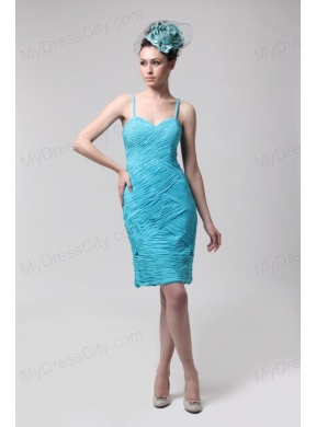 Blue Straps Column Side Zipper Chiffon Knee-length Ruching Prom Dress