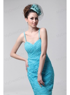 Blue Straps Column Side Zipper Chiffon Knee-length Ruching Prom Dress