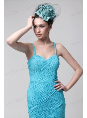 Blue Straps Column Side Zipper Chiffon Knee-length Ruching Prom Dress