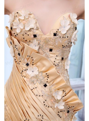 Bowknot Unique Sweetheart Gold Prom Dress with Beading and Flowers