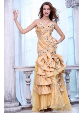 Bowknot Unique Sweetheart Gold Prom Dress with Beading and Flowers