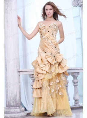 Bowknot Unique Sweetheart Gold Prom Dress with Beading and Flowers