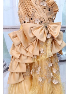 Bowknot Unique Sweetheart Gold Prom Dress with Beading and Flowers