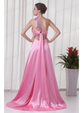 Brand new Column One Shoulder Brush Train Pink 2014 Prom Dress with Criss Cross