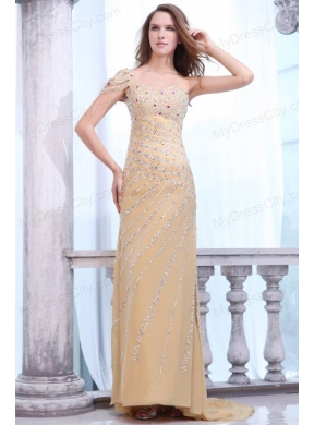 Brush Train Column One Shoulder Gold Prom Dress with Beading