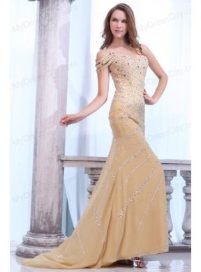 Brush Train Column One Shoulder Gold Prom Dress with Beading