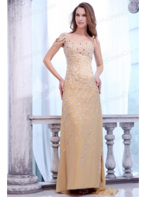 Brush Train Column One Shoulder Gold Prom Dress with Beading