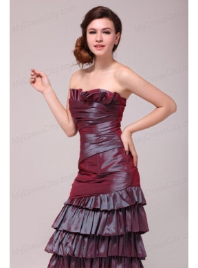 Burgundy Column Tea-length Prom Dress with Ruffled Layers