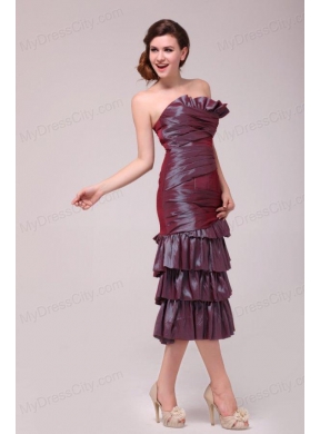 Burgundy Column Tea-length Prom Dress with Ruffled Layers