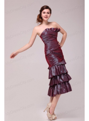 Burgundy Column Tea-length Prom Dress with Ruffled Layers