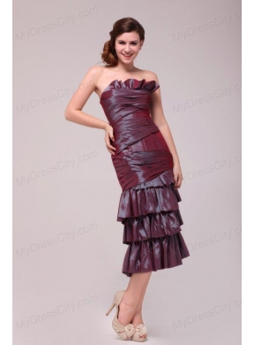 Burgundy Column Tea-length Prom Dress with Ruffled Layers