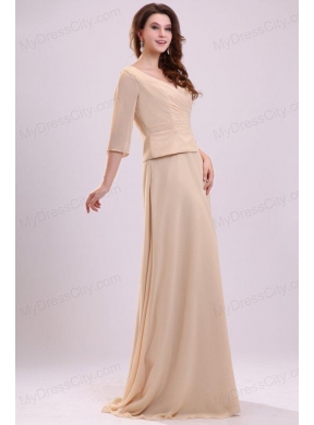 Champagne Column V-neck Ruching Chiffon Prom Dress with Half Sleeves