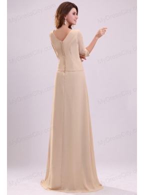 Champagne Column V-neck Ruching Chiffon Prom Dress with Half Sleeves