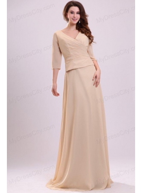 Champagne Column V-neck Ruching Chiffon Prom Dress with Half Sleeves