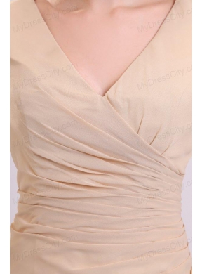 Champagne Column V-neck Ruching Chiffon Prom Dress with Half Sleeves