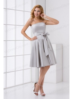 Cheap A-line Strapless Grey Mini-length Prom Dress with Bowknot