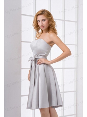 Cheap A-line Strapless Grey Mini-length Prom Dress with Bowknot