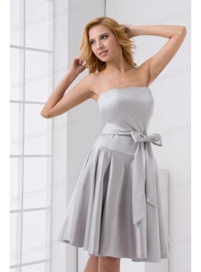 Cheap A-line Strapless Grey Mini-length Prom Dress with Bowknot