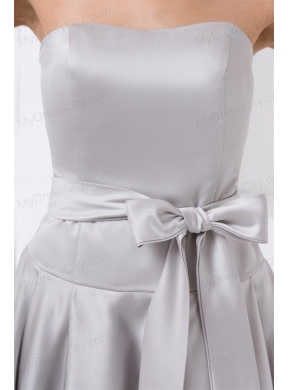 Cheap A-line Strapless Grey Mini-length Prom Dress with Bowknot