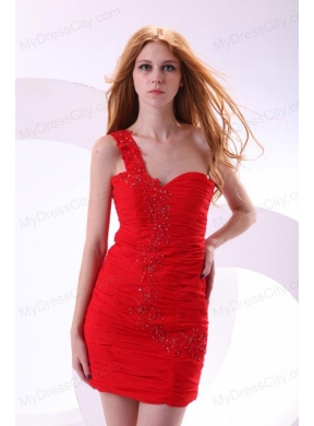 Cheap Column One Shoulder Chiffon Appliques Mini-length Red Prom Dress