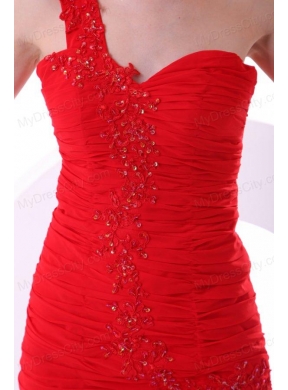 Cheap Column One Shoulder Chiffon Appliques Mini-length Red Prom Dress