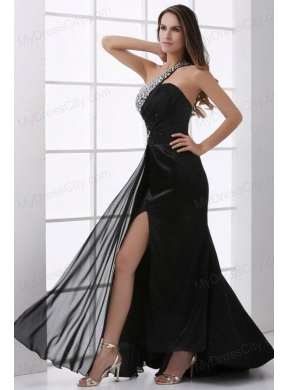 Column Black One Shoulder Beading and High Silt Prom Dress