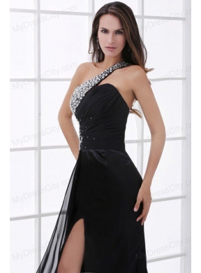 Column Black One Shoulder Beading and High Silt Prom Dress