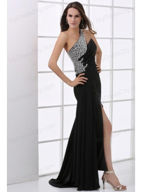 Column Black One Shoulder Beading and High Silt Prom Dress