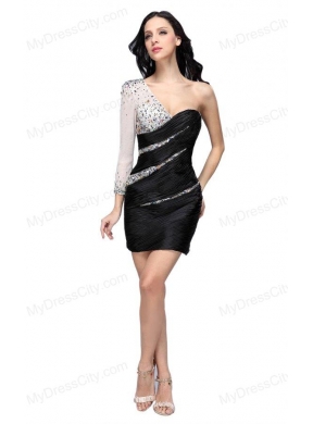 Column Black One Shoulder Long Sleeves Beading Mini-length Prom Dress