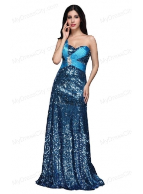 Column Blue One Shoulder Beading Ruching Sequins Floor-length Prom Dress