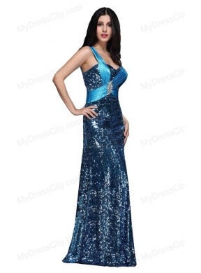 Column Blue One Shoulder Beading Ruching Sequins Floor-length Prom Dress