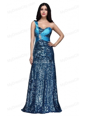 Column Blue One Shoulder Beading Ruching Sequins Floor-length Prom Dress