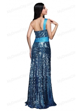 Column Blue One Shoulder Beading Ruching Sequins Floor-length Prom Dress