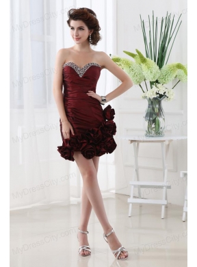 Column Burgundy Beadings Hand Made Flowers Sweetheart Prom  Dress