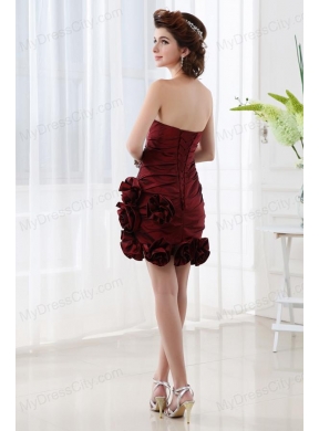 Column Burgundy Beadings Hand Made Flowers Sweetheart Prom  Dress