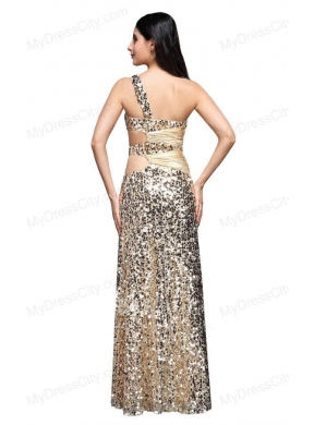 Column Champagne One Shoulder Sequins Ruching Floor-length Prom Dress