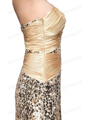 Column Champagne One Shoulder Sequins Ruching Floor-length Prom Dress