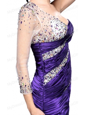 Column Eggplant Purple One Shoulder Long Sleeves Beading Mini-length Prom Dress