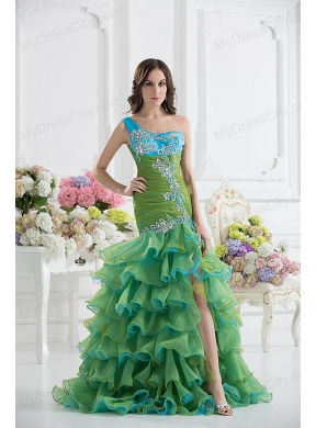 Column One Shoulder Organza Green Prom Dress with Appliques and Ruffed Layers