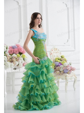 Column One Shoulder Organza Green Prom Dress with Appliques and Ruffed Layers