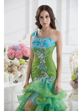 Column One Shoulder Organza Green Prom Dress with Appliques and Ruffed Layers