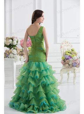 Column One Shoulder Organza Green Prom Dress with Appliques and Ruffed Layers