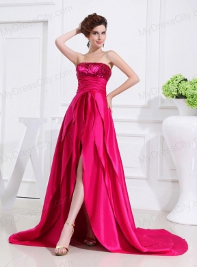 Column Sequins Brush Train Strapsless Hot Pink Prom Dress