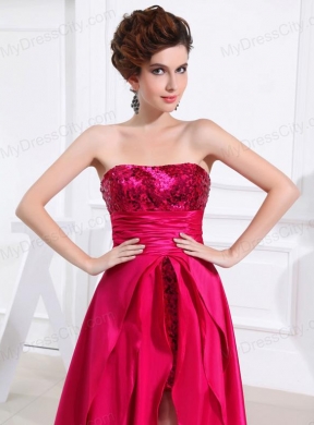 Column Sequins Brush Train Strapsless Hot Pink Prom Dress