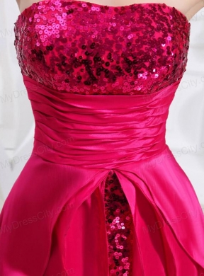 Column Sequins Brush Train Strapsless Hot Pink Prom Dress