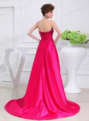 Column Sequins Brush Train Strapsless Hot Pink Prom Dress