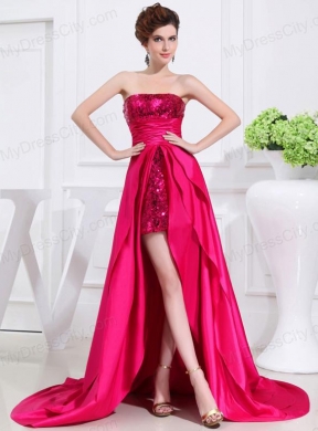 Column Sequins Brush Train Strapsless Hot Pink Prom Dress