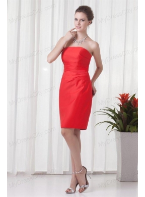 Column Strapless Mini-length Red Ruching Taffeta Prom Dress